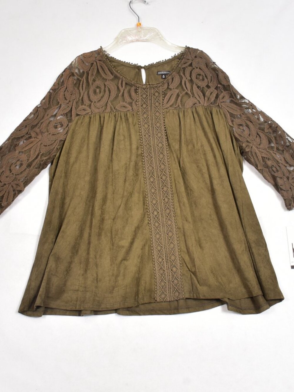 Hannah Women's Olive Green Lace Trim Blouse Size XL